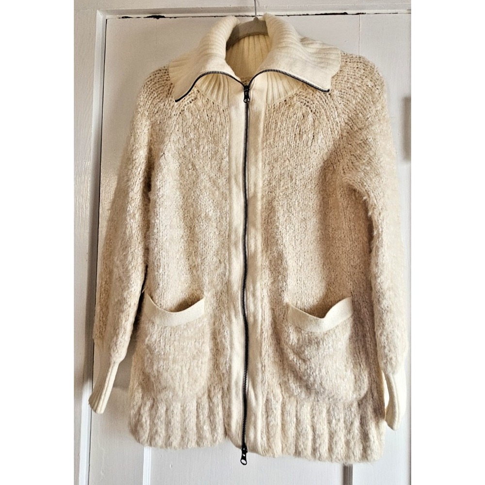 ANTHROPOLOGI women's S furry knit full zip funnel neck sweater jacket ivory